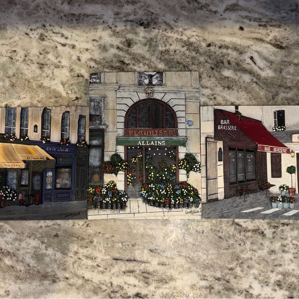 Scott Steele Set of 3 Parisian Cafe Wall Art Panels - Neutral & Red Accents